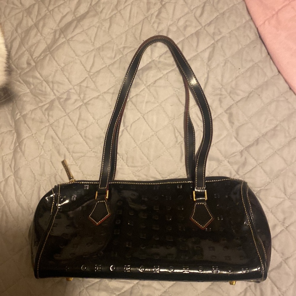 Arcadia black patent leather logo, embossed handbag!  Nylon lining with logo!